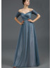 Off Shoulder Gray Blue Tulle Pleated Long Evening Dress